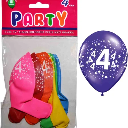 Partý blöðrur 4 ára 12" 6 stykki