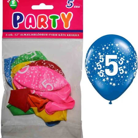 Partý blöðrur 5 ára 12" 6 stykki